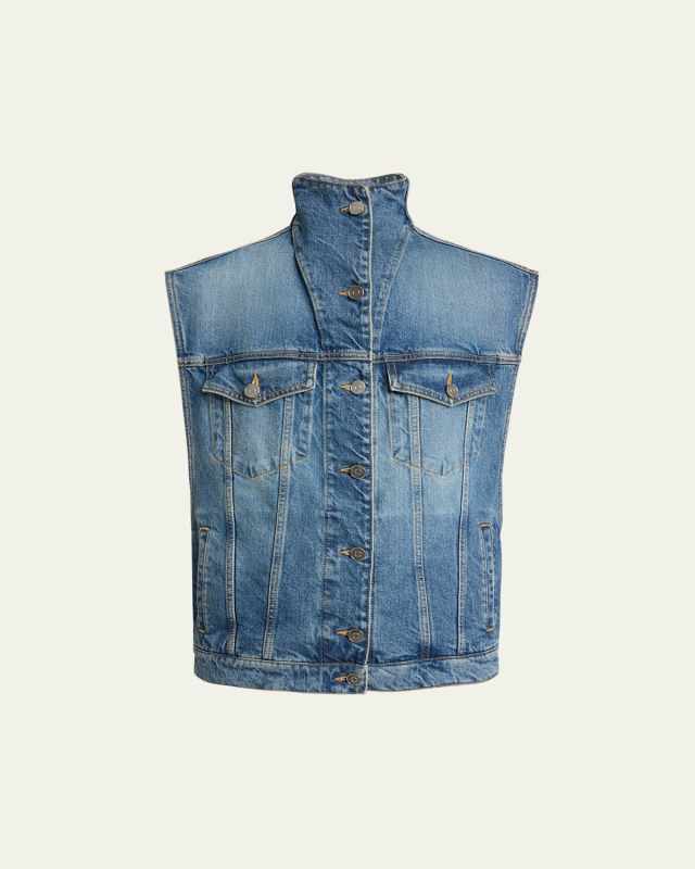 High-Neck Denim Trucker Vest